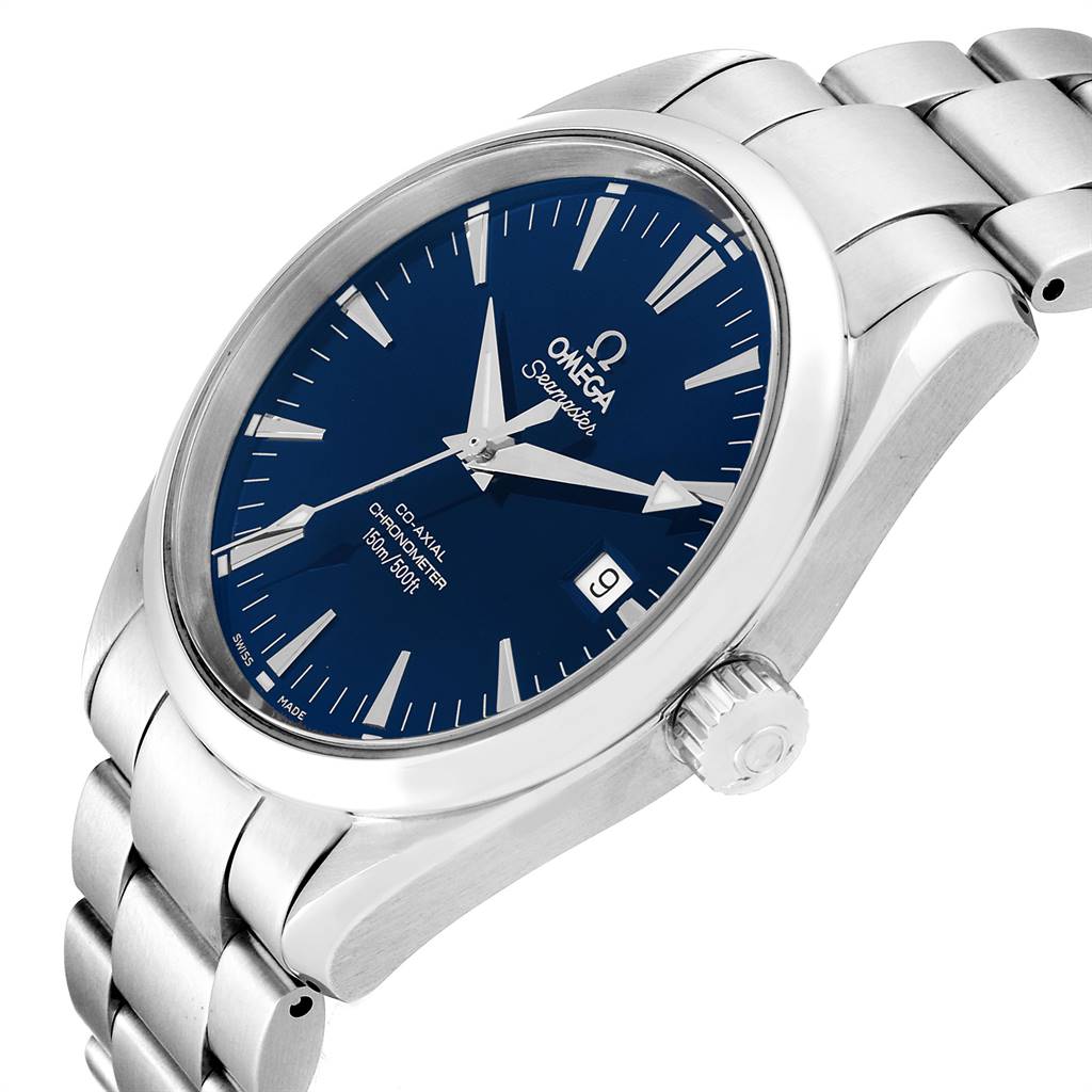 The Omega Aqua Terra 2503.80.00 Men
s Stainless Steel Blue Dial 2503.80.00 Men
s Stainless Steel Blue Dial watch is shown at a three-quarter angle, highlighting the face, bezel, bracelet, and crown.