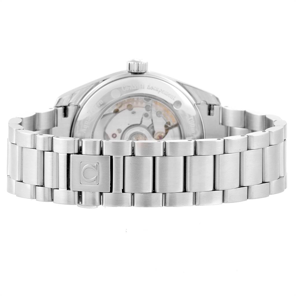 The image shows the back view of an Omega Aqua Terra 2503.80.00 Men
s Stainless Steel Blue Dial 2503.80.00 Men
s Stainless Steel Blue Dial watch, highlighting its stainless steel bracelet and transparent case back.