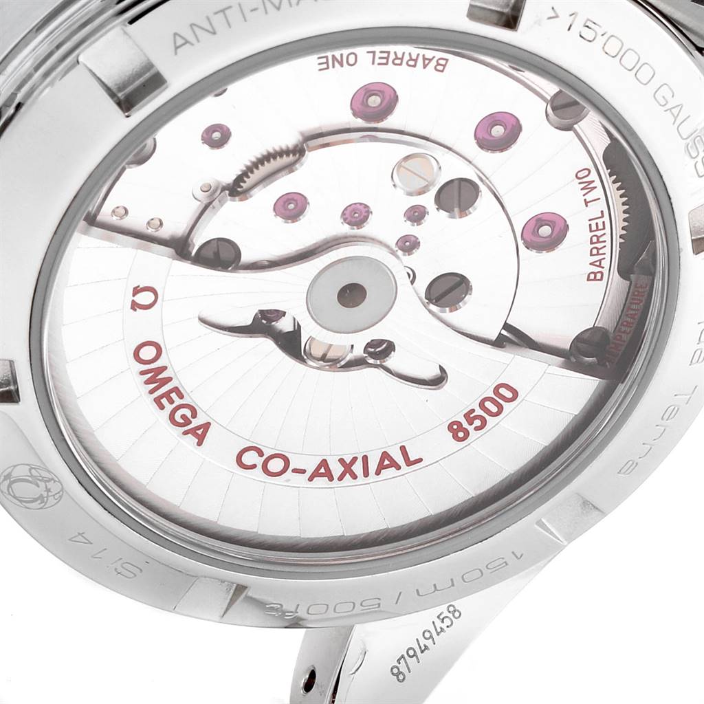 The image shows the back view of an Omega Aqua Terra 231.10.39.21.03.002 Men
s Stainless Steel Blue Dial 231.10.39.21.03.002 Men
s Stainless Steel Blue Dial watch, highlighting its Omega Co-Axial 8500 movement mechanism.