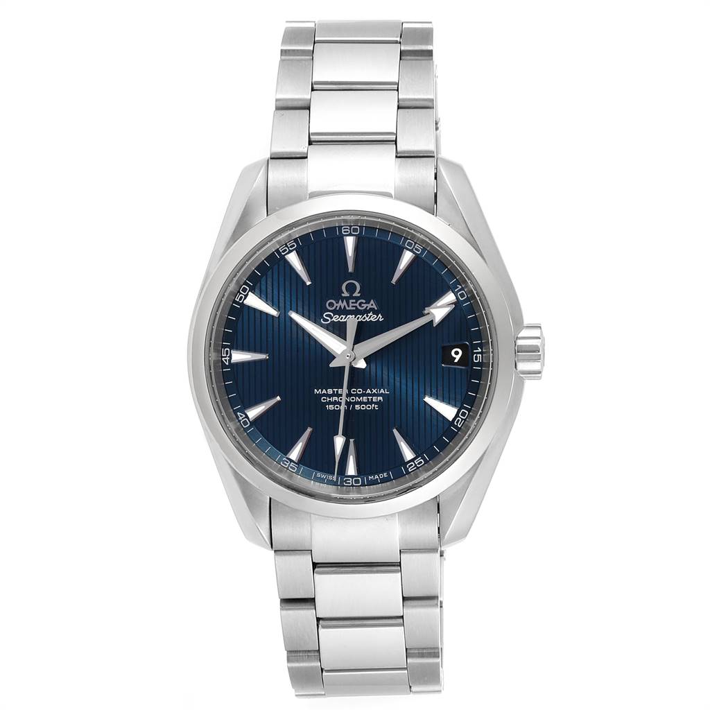 This image shows the Omega Aqua Terra 231.10.39.21.03.002 Men
s Stainless Steel Blue Dial 231.10.39.21.03.002 Men
s Stainless Steel Blue Dial watch model from a frontal angle, highlighting its face, bezel, bracelet, and crown.