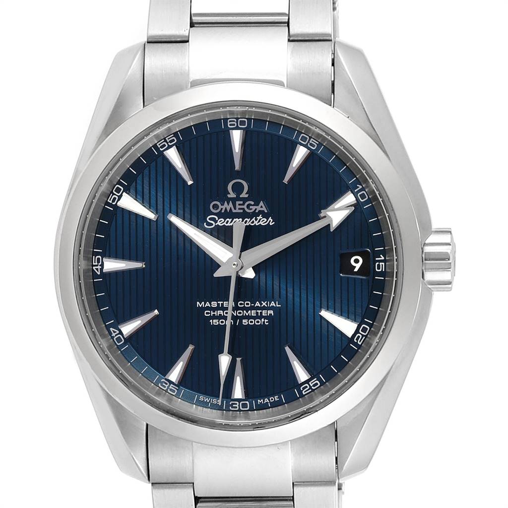 The image shows a frontal view of an Omega Aqua Terra 231.10.39.21.03.002 Men
s Stainless Steel Blue Dial 231.10.39.21.03.002 Men
s Stainless Steel Blue Dial model watch, highlighting its blue dial, date window, and stainless steel bracelet.