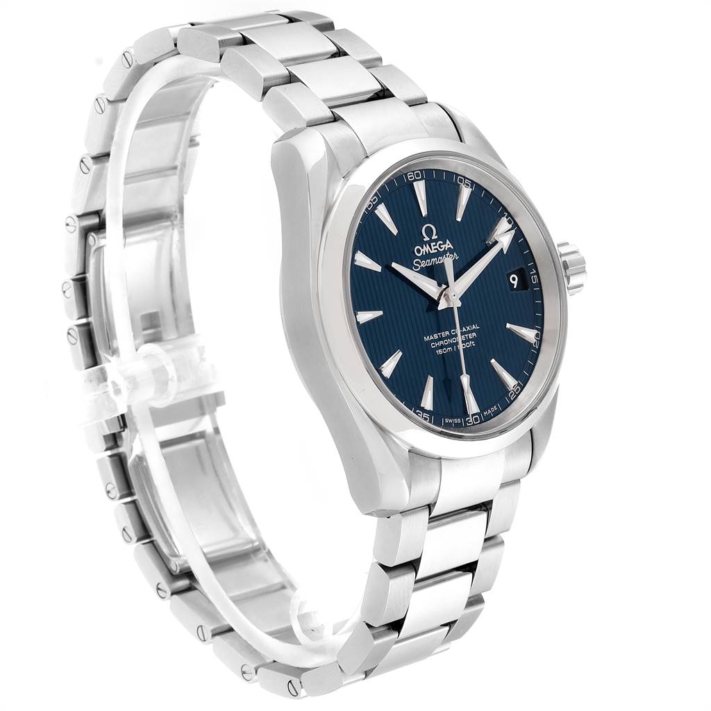 The Omega Aqua Terra 231.10.39.21.03.002 Men
s Stainless Steel Blue Dial 231.10.39.21.03.002 Men
s Stainless Steel Blue Dial watch is shown at a three-quarter angle, displaying its blue dial, date window, and stainless steel bracelet.