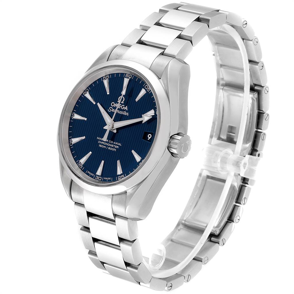 The image shows an angled front and side view of the Omega Aqua Terra 231.10.39.21.03.002 Men
s Stainless Steel Blue Dial 231.10.39.21.03.002 Men
s Stainless Steel Blue Dial watch, highlighting its face, bezel, crown, and bracelet.