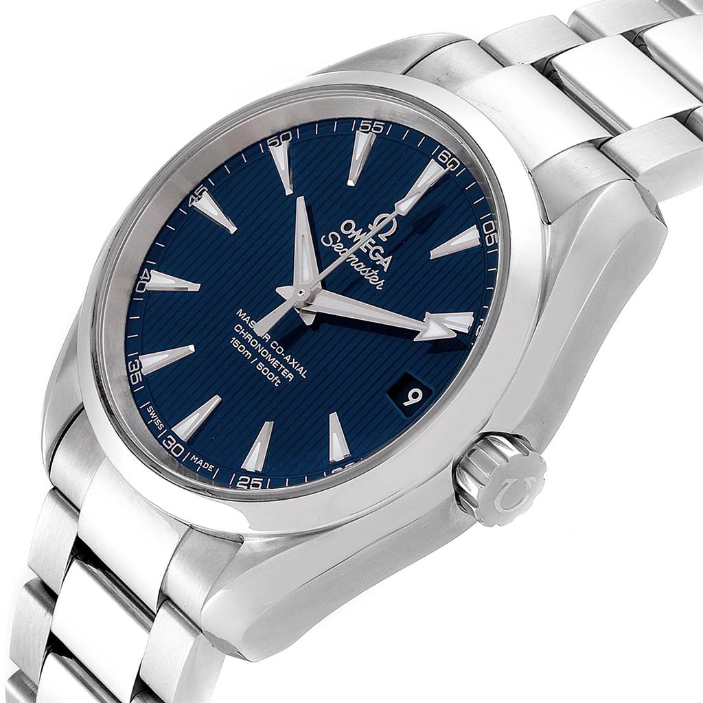 The Omega Aqua Terra 231.10.39.21.03.002 Men
s Stainless Steel Blue Dial 231.10.39.21.03.002 Men
s Stainless Steel Blue Dial watch is shown from an angled front view, highlighting its dial, bezel, crown, and part of the bracelet.
