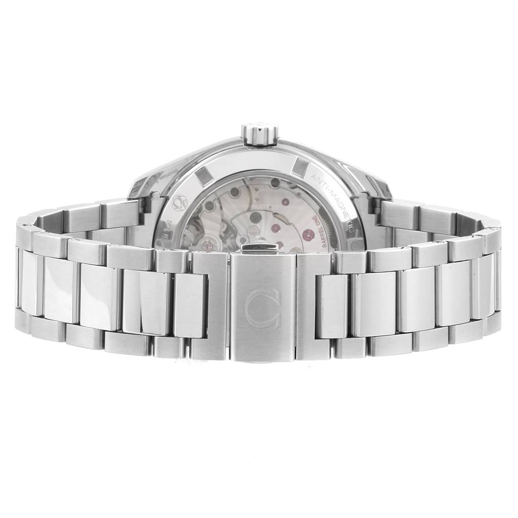 The image shows the backside and bracelet of the Omega Aqua Terra 231.10.39.21.03.002 Men
s Stainless Steel Blue Dial 231.10.39.21.03.002 Men
s Stainless Steel Blue Dial watch, highlighting its mechanical movement and clasp.