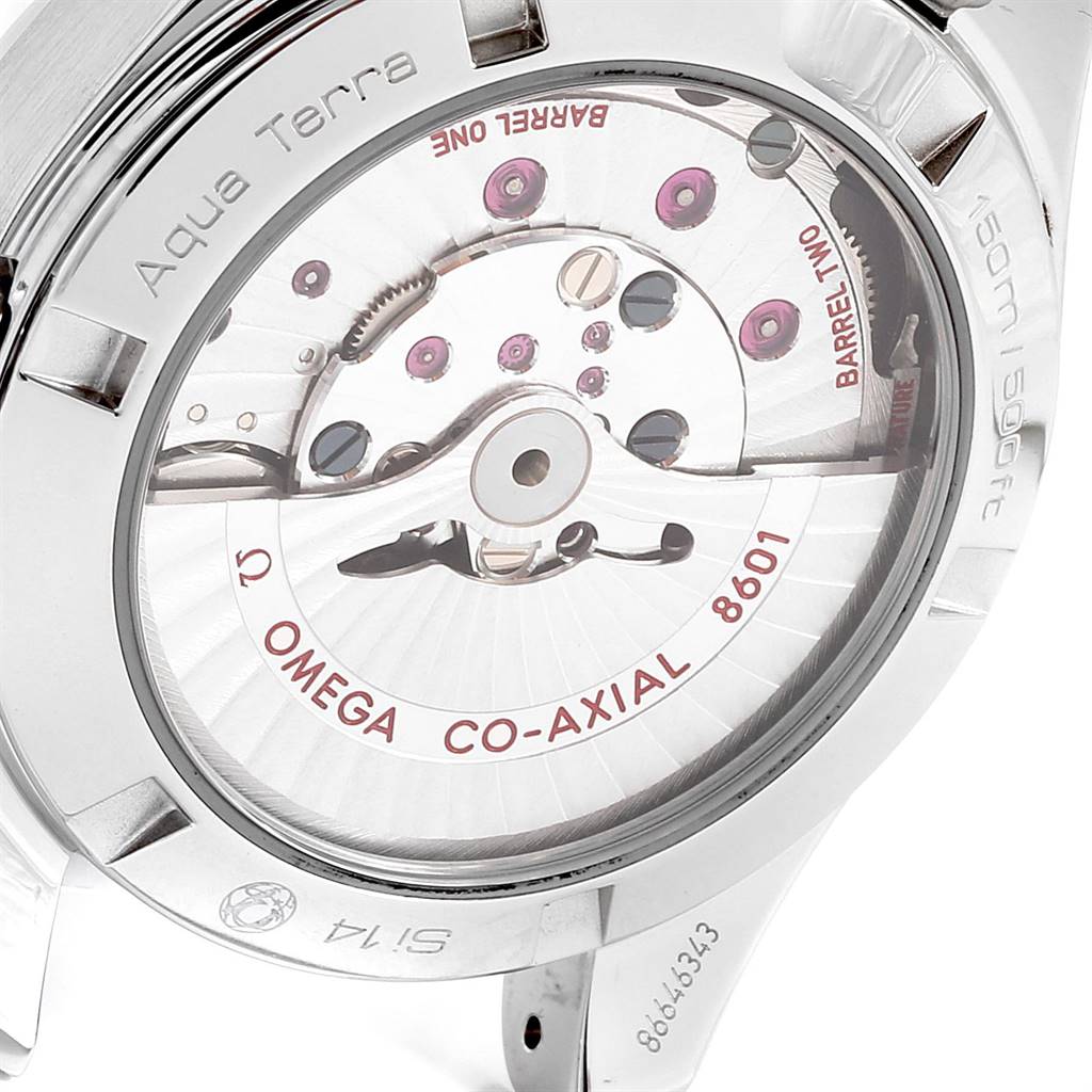 The image shows the rear view of the Omega Aqua Terra 231.10.39.22.01.001 Men's Stainless Steel Black Dial 231.10.39.22.01.001 Men's Stainless Steel Black Dial watch, displaying its internal mechanical movement and transparent case back.