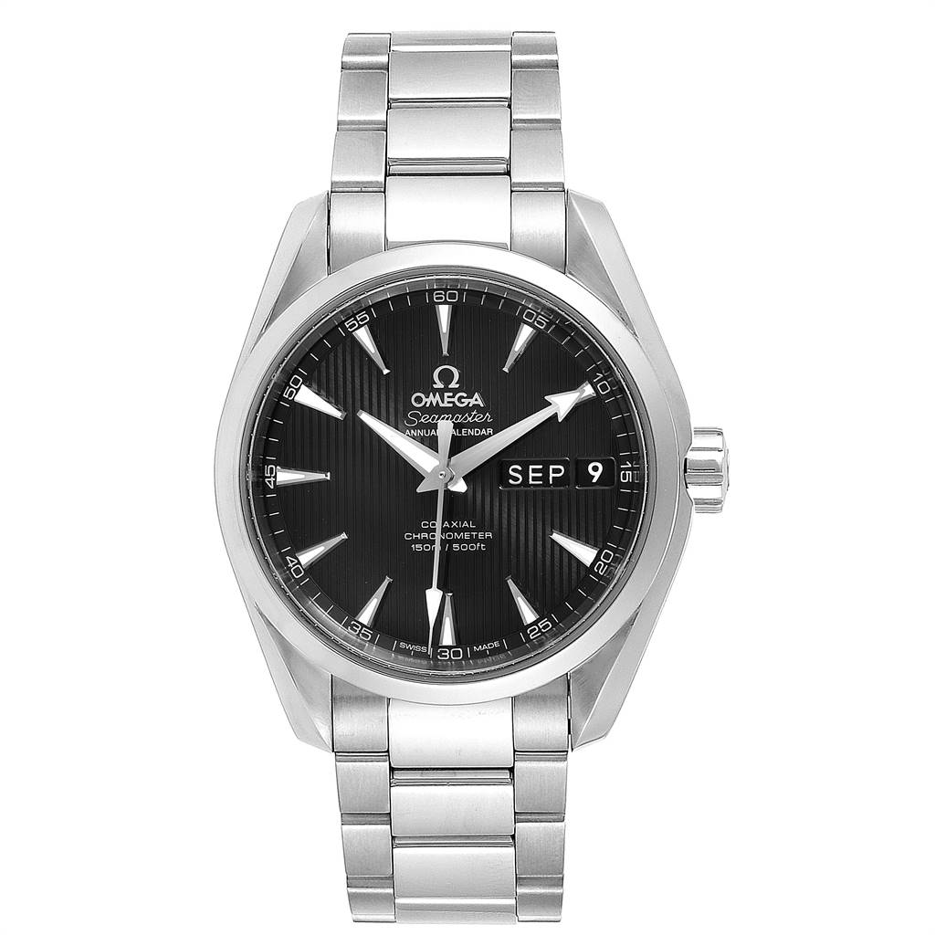 The image shows a front view of the Omega Aqua Terra 231.10.39.22.01.001 Men's Stainless Steel Black Dial 231.10.39.22.01.001 Men's Stainless Steel Black Dial Seamaster watch, displaying the dial, bracelet, and date window.