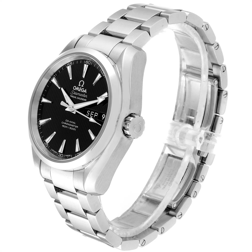 The image shows the Omega Aqua Terra 231.10.39.22.01.001 Men's Stainless Steel Black Dial 231.10.39.22.01.001 Men's Stainless Steel Black Dial watch from a left-angle view, highlighting its face, crown, and metal bracelet.