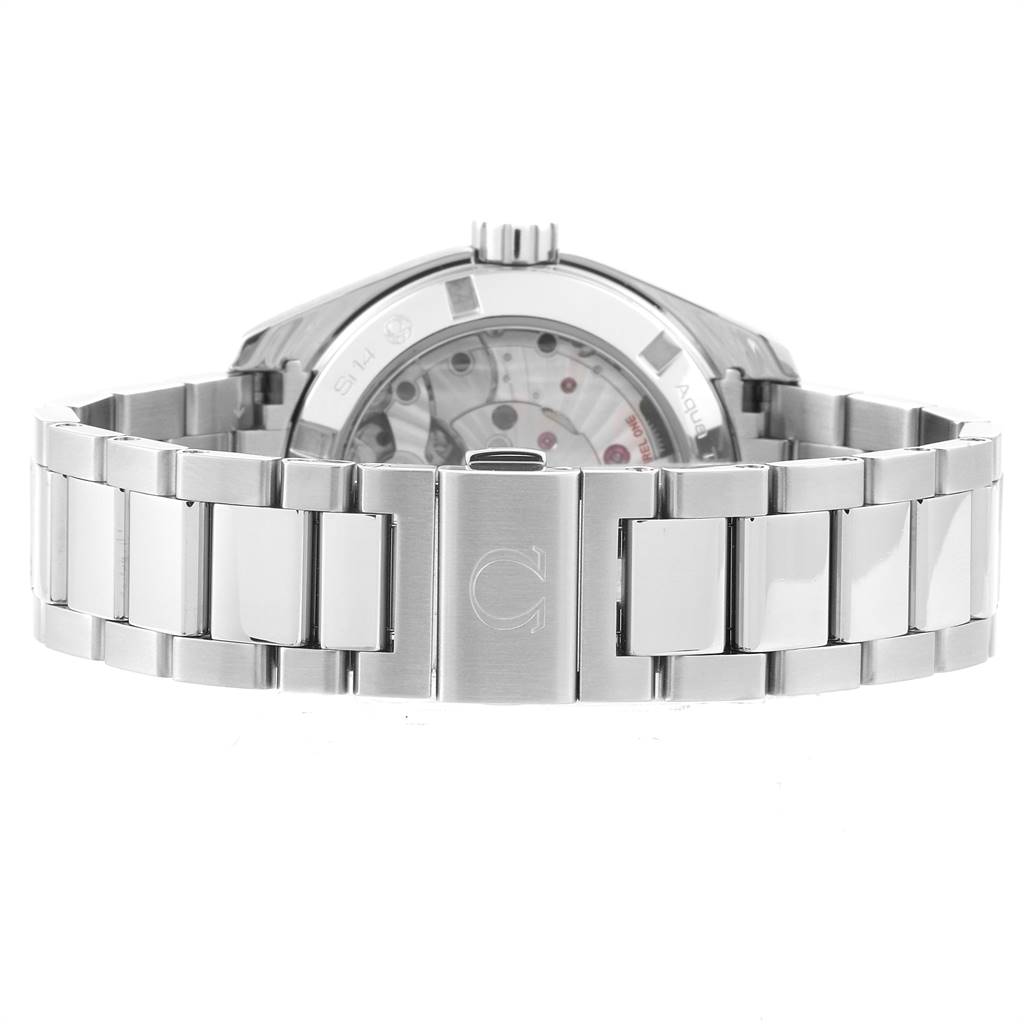 The image shows the back angle of the Omega Aqua Terra 231.10.39.22.01.001 Men's Stainless Steel Black Dial 231.10.39.22.01.001 Men's Stainless Steel Black Dial watch, highlighting its stainless steel bracelet and transparent case back.