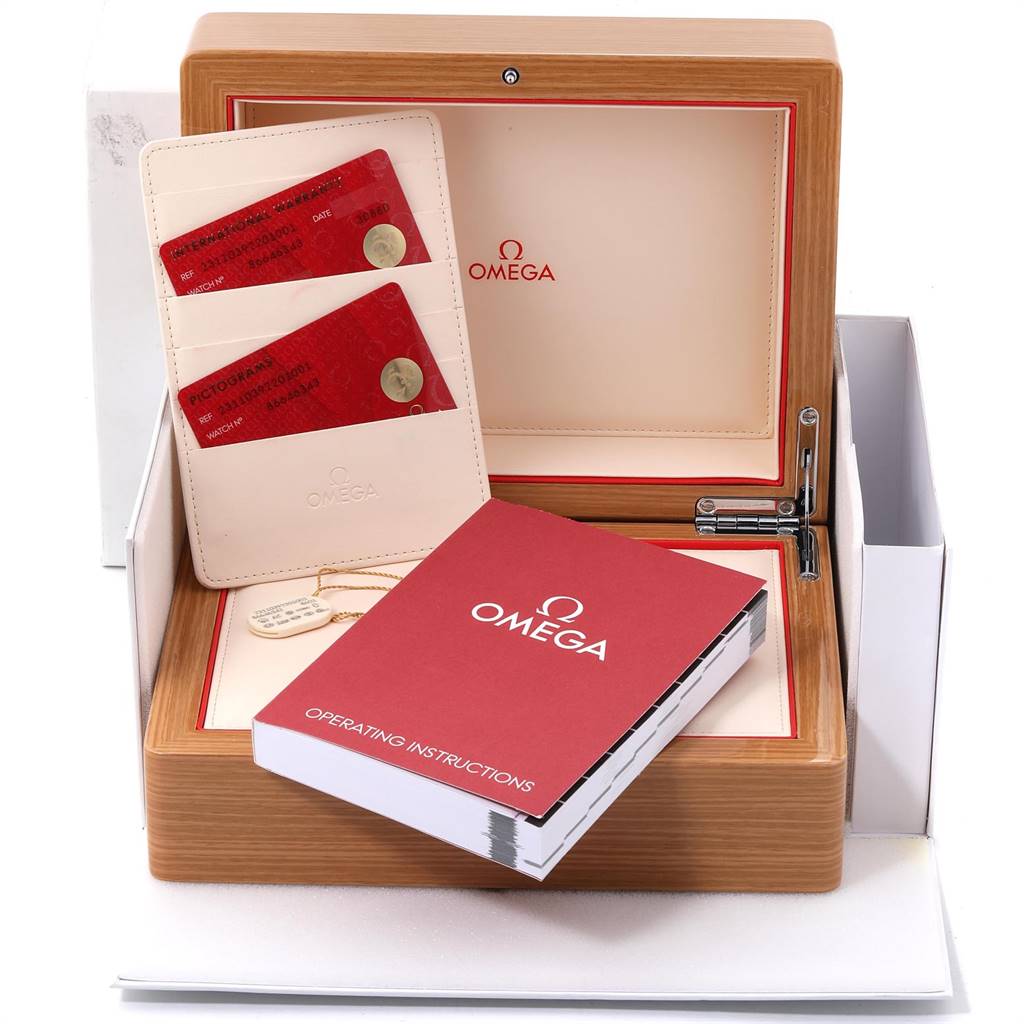 The image shows the packaging and accessories for the Omega Aqua Terra 231.10.39.22.01.001 Men's Stainless Steel Black Dial 231.10.39.22.01.001 Men's Stainless Steel Black Dial watch, including the box, cards, and operating instructions.