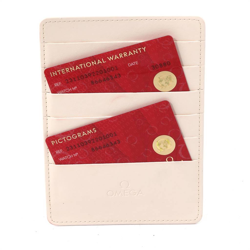 This image shows warranty and pictogram cards for the Omega Aqua Terra 231.10.39.22.01.001 Men's Stainless Steel Black Dial 231.10.39.22.01.001 Men's Stainless Steel Black Dial model, placed in a white cardholder.