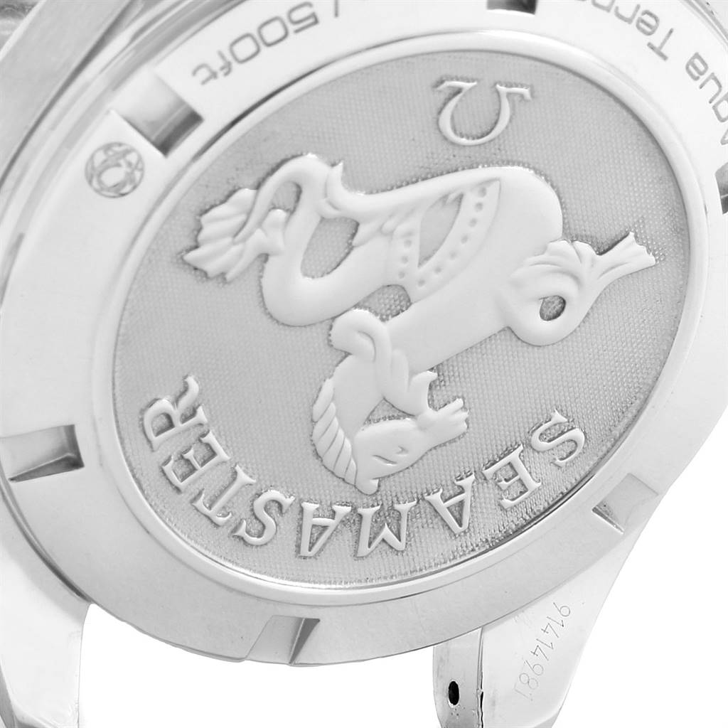 The image shows the back case of an Omega Aqua Terra 231.10.39.61.06.001 Men's Stainless Steel Grey Dial 231.10.39.61.06.001 Men's Stainless Steel Grey Dial Seamaster watch, featuring the brand's logo and engravings.