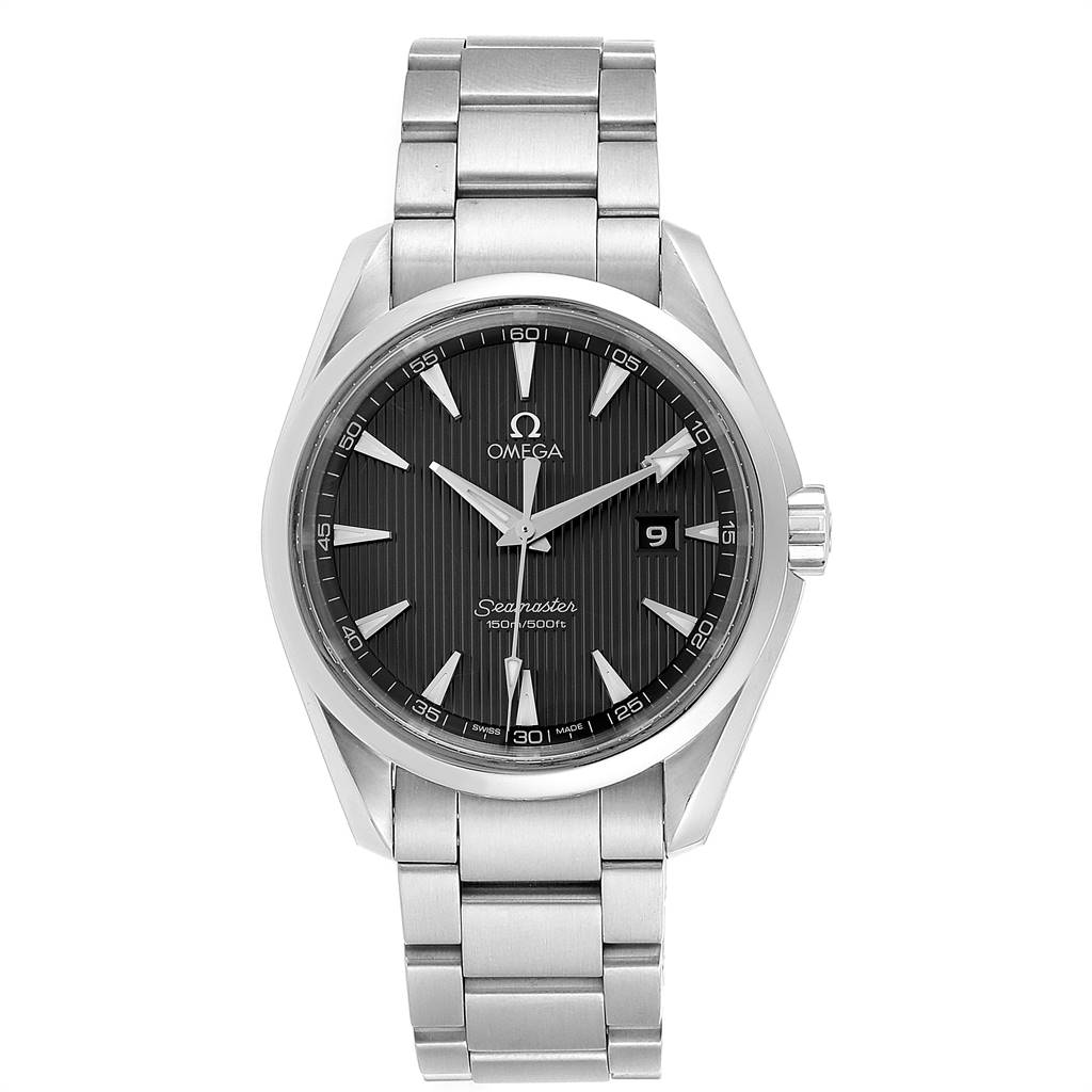 The image shows a front view of the Omega Aqua Terra 231.10.39.61.06.001 Men's Stainless Steel Grey Dial 231.10.39.61.06.001 Men's Stainless Steel Grey Dial Seamaster watch, highlighting its face, hands, date display, and bracelet.