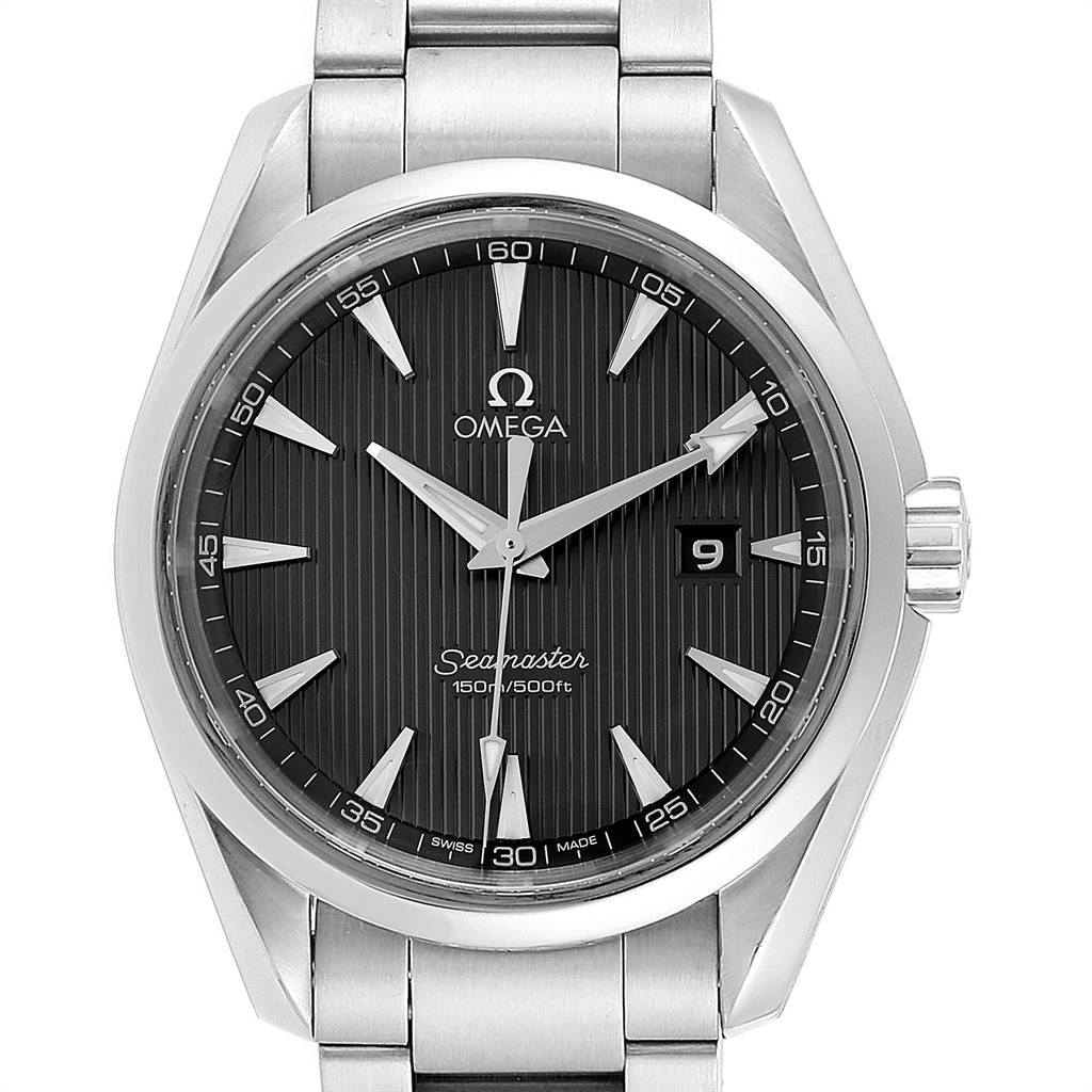 The image shows a front view of the Omega Aqua Terra 231.10.39.61.06.001 Men's Stainless Steel Grey Dial 231.10.39.61.06.001 Men's Stainless Steel Grey Dial Seamaster watch, highlighting the dial, hands, and bracelet.