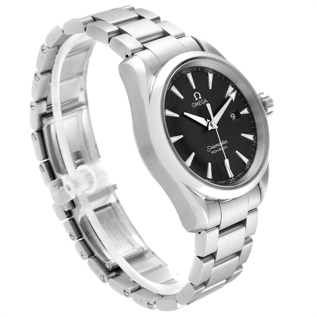 The Omega Aqua Terra 231.10.39.61.06.001 Men's Stainless Steel Grey Dial 231.10.39.61.06.001 Men's Stainless Steel Grey Dial watch is shown at an angled side view with its face, bracelet, crown, and clasp visible.