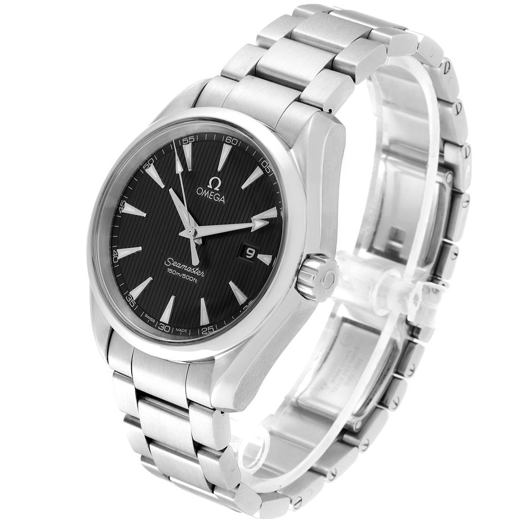 This image shows an Omega Aqua Terra 231.10.39.61.06.001 Men's Stainless Steel Grey Dial 231.10.39.61.06.001 Men's Stainless Steel Grey Dial watch featuring its black dial, stainless steel case, and bracelet from a side angle.