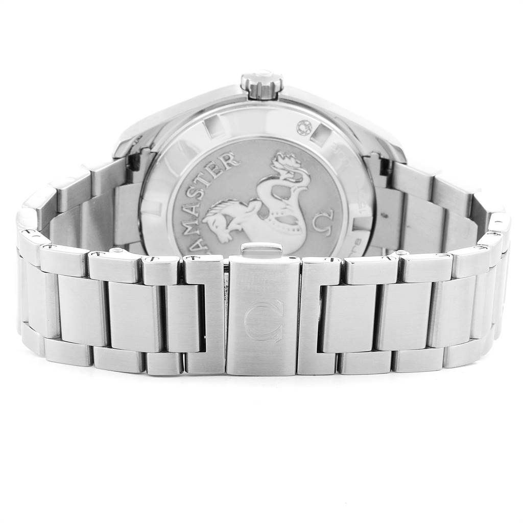 The image shows the back view of an Omega Aqua Terra 231.10.39.61.06.001 Men's Stainless Steel Grey Dial 231.10.39.61.06.001 Men's Stainless Steel Grey Dial watch, highlighting the case back and metal bracelet.