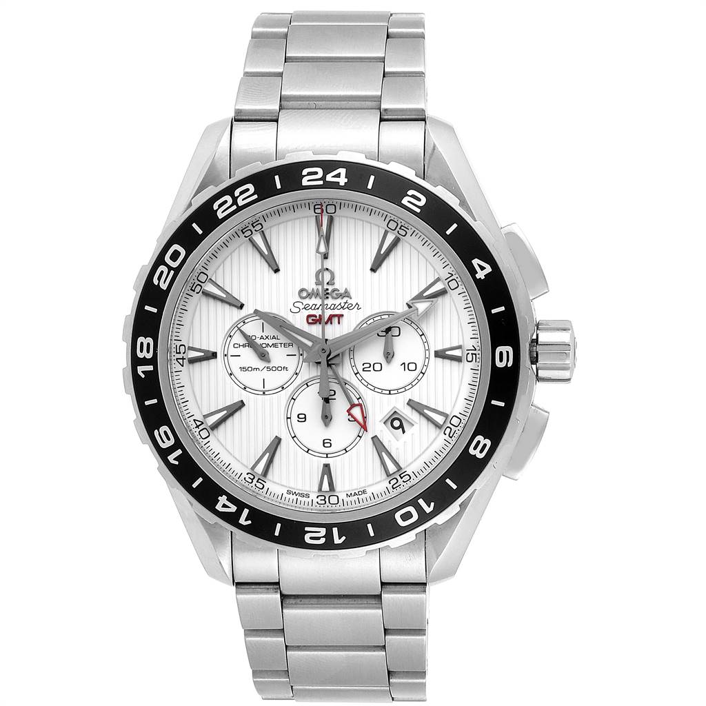 The image shows a front view of an Omega Aqua Terra 231.10.44.52.04.001 Men's Stainless Steel White Dial 231.10.44.52.04.001 Men's Stainless Steel White Dial watch, displaying its face, bezel, crown, and stainless steel bracelet.