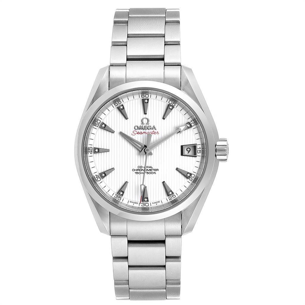 This is a front view of the Omega Seamaster Aqua Terra watch, displaying the face, hands, date window, and bracelet.