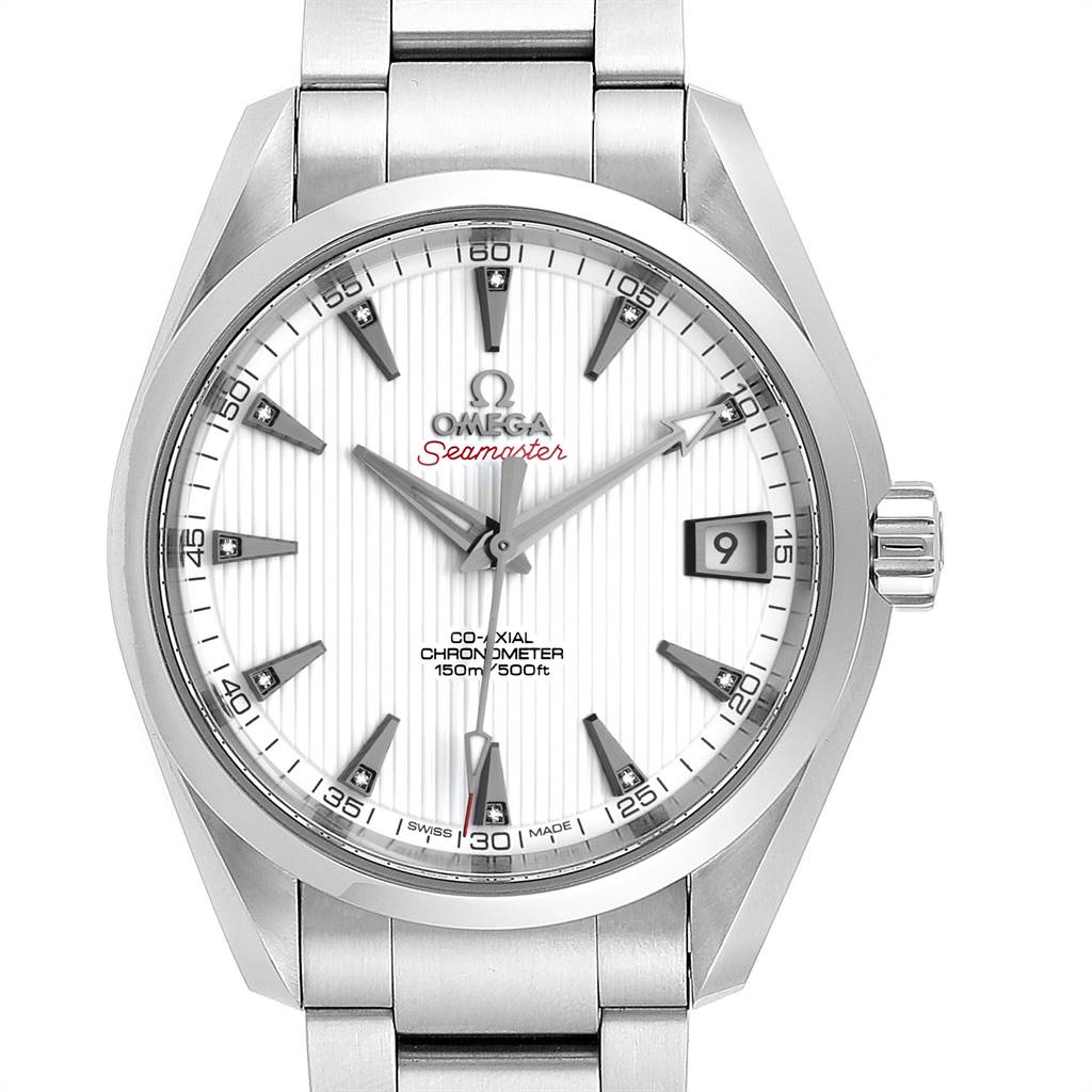 The image shows a front view of the Omega Aqua Terra 231.10.39.21.54.001 Men's Stainless Steel White Dial 231.10.39.21.54.001 Men's Stainless Steel White Dial Seamaster watch, highlighting its dial, hands, date window, and stainless steel bracelet.