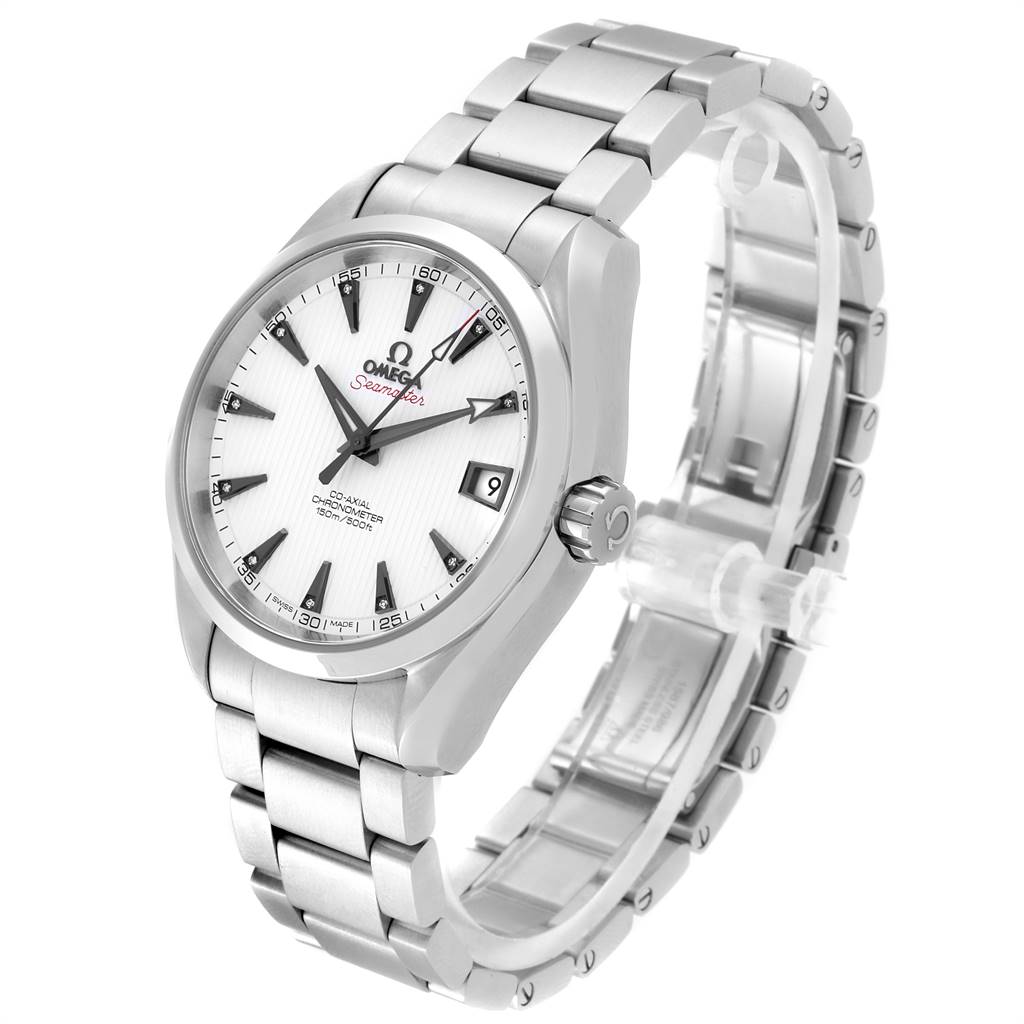 This image shows a front-side angle of the Omega Aqua Terra 231.10.39.21.54.001 Men's Stainless Steel White Dial 231.10.39.21.54.001 Men's Stainless Steel White Dial watch, featuring its bracelet, crown, and dial.