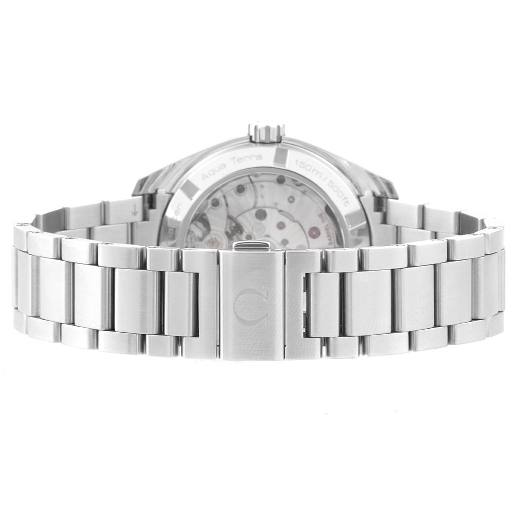 The image shows the back view of an Omega Aqua Terra 231.10.39.21.54.001 Men's Stainless Steel White Dial 231.10.39.21.54.001 Men's Stainless Steel White Dial watch, focusing on the stainless steel bracelet and case back.