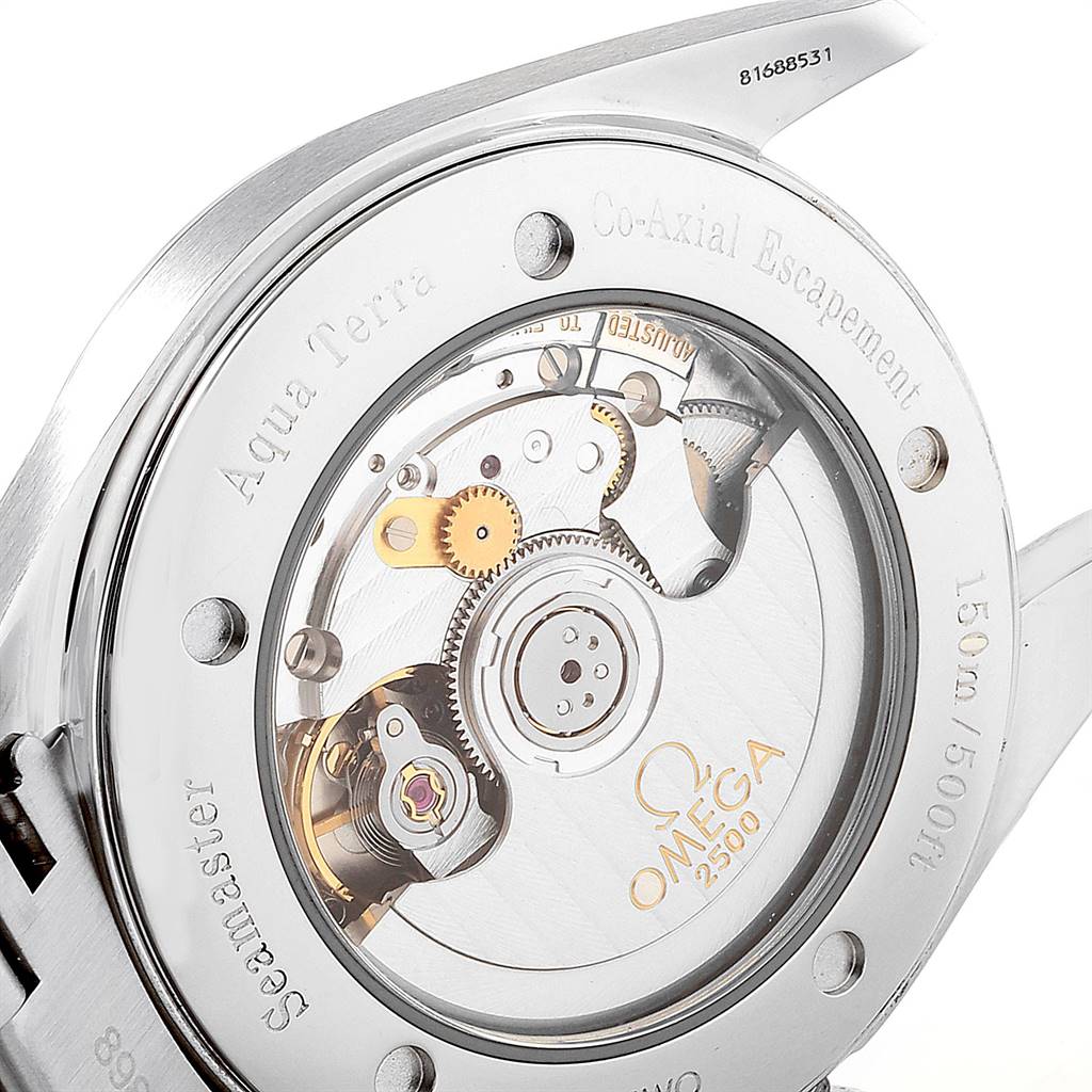 This image shows the back view of the Omega Aqua Terra 2503.33.00 Men
s Stainless Steel Silver Dial 2503.33.00 Men
s Stainless Steel Silver Dial watch, highlighting its internal mechanism.