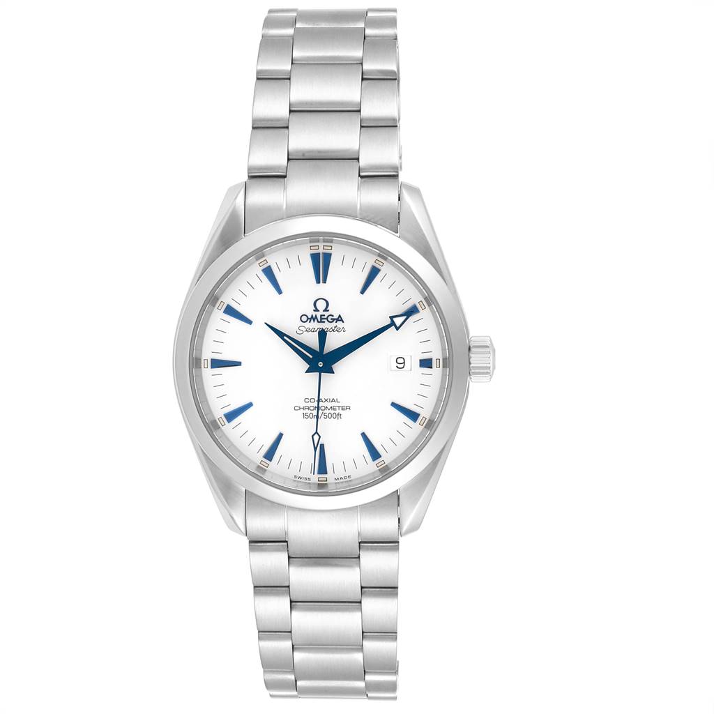 The image shows a front view of the Omega Aqua Terra 2503.33.00 Men
s Stainless Steel Silver Dial 2503.33.00 Men
s Stainless Steel Silver Dial watch, highlighting its white dial, blue hands, and metal bracelet.