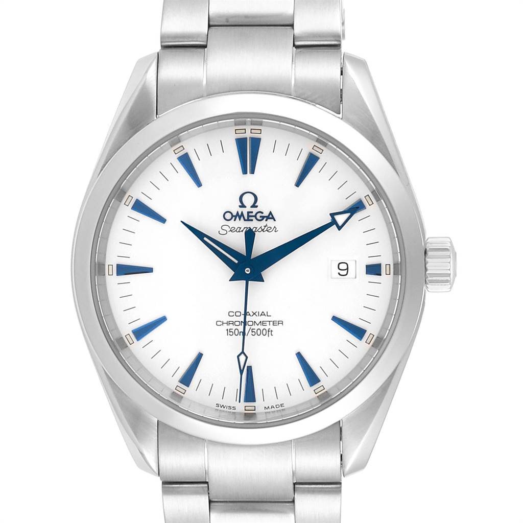 The Omega Aqua Terra 2503.33.00 Men
s Stainless Steel Silver Dial 2503.33.00 Men
s Stainless Steel Silver Dial watch is shown from a front angle, highlighting its dial, bezel, and part of the stainless steel bracelet.