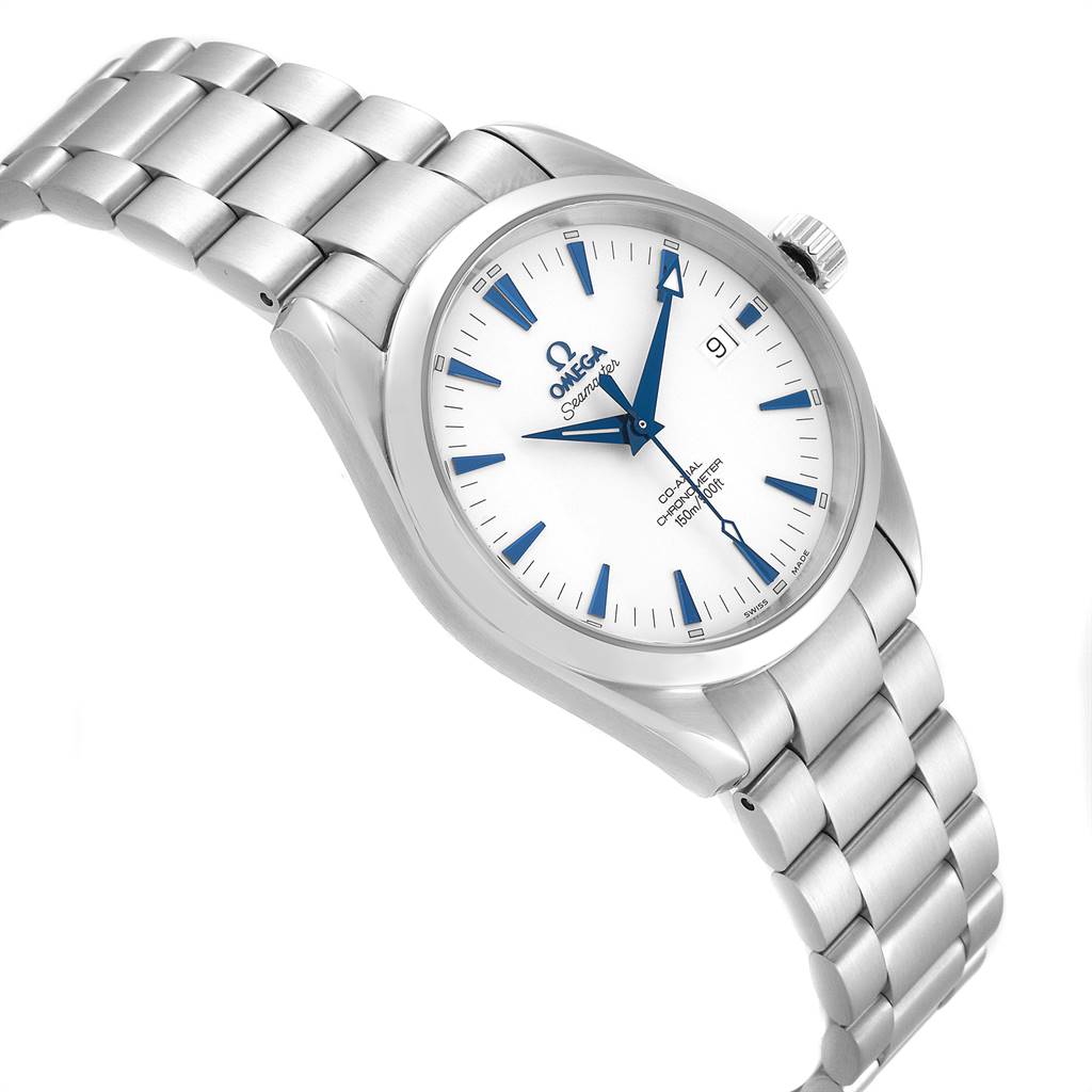 The image shows an Omega Aqua Terra 2503.33.00 Men
s Stainless Steel Silver Dial 2503.33.00 Men
s Stainless Steel Silver Dial watch from a side angle, displaying its white face, blue hands, date window, and metal bracelet.