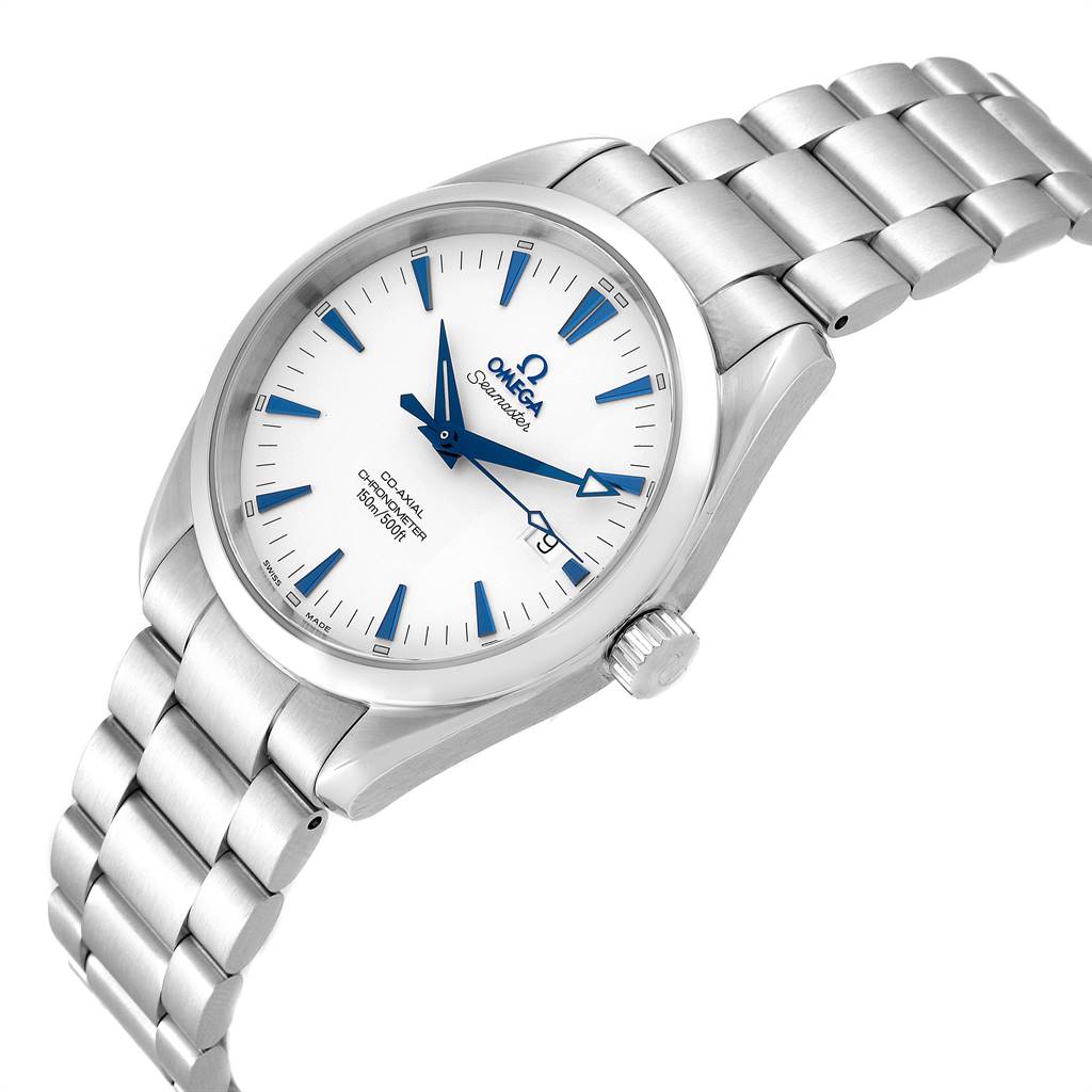 The Omega Aqua Terra 2503.33.00 Men
s Stainless Steel Silver Dial 2503.33.00 Men
s Stainless Steel Silver Dial watch is shown at a slight angle, displaying the face, bezel, and part of the bracelet.