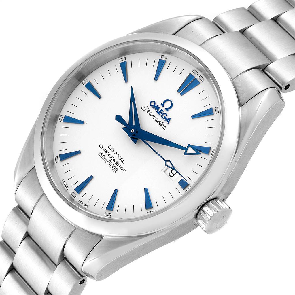 The Omega Aqua Terra 2503.33.00 Men
s Stainless Steel Silver Dial 2503.33.00 Men
s Stainless Steel Silver Dial watch is shown at a tilted angle, highlighting the dial, bezel, crown, and bracelet.