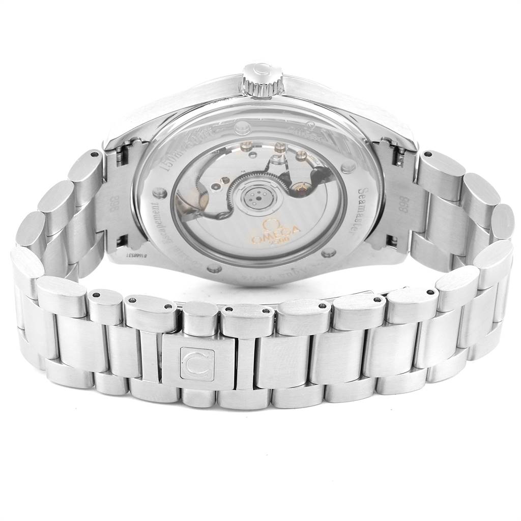 The image shows the backside of an Omega Aqua Terra 2503.33.00 Men
s Stainless Steel Silver Dial 2503.33.00 Men
s Stainless Steel Silver Dial watch, highlighting the movement and stainless steel bracelet.