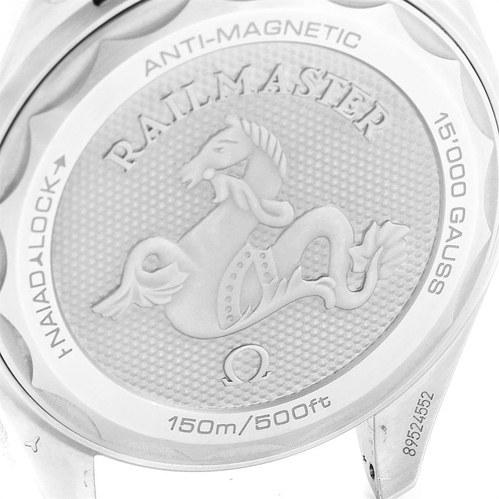 This image shows the back case of the Omega Aqua Terra 220.10.40.20.01.001 Men's Stainless Steel Black Dial 220.10.40.20.01.001 Men's Stainless Steel Black Dial Railmaster watch.