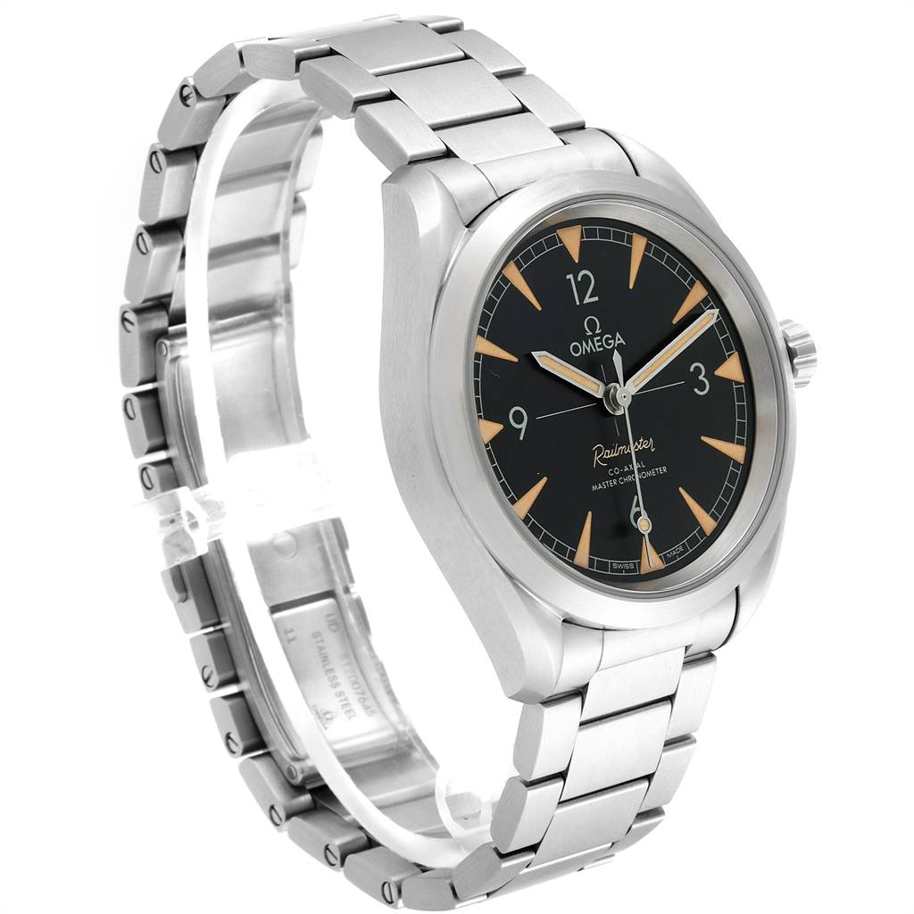 The Omega Aqua Terra 220.10.40.20.01.001 Men's Stainless Steel Black Dial 220.10.40.20.01.001 Men's Stainless Steel Black Dial watch is shown at a three-quarter angle, highlighting the watch face, crown, and stainless steel bracelet.