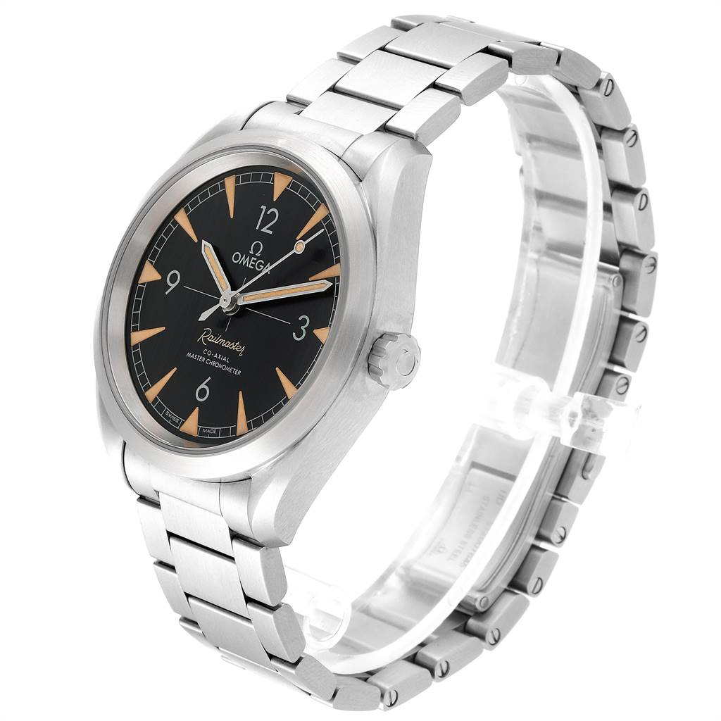 The image shows an Omega Aqua Terra 220.10.40.20.01.001 Men's Stainless Steel Black Dial 220.10.40.20.01.001 Men's Stainless Steel Black Dial watch at a 3/4 angle, highlighting its face, bracelet, and crown.