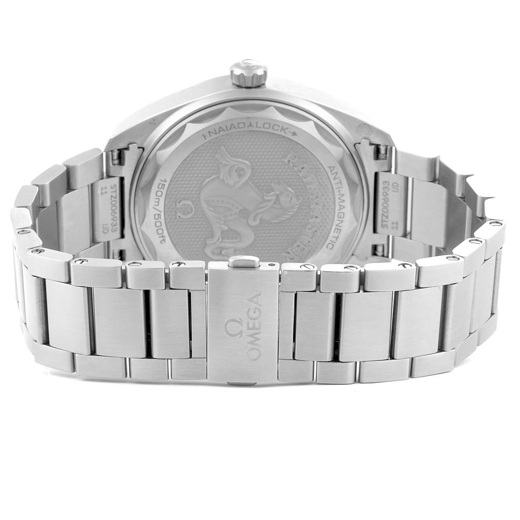 The image shows the back view of an Omega Aqua Terra 220.10.40.20.01.001 Men's Stainless Steel Black Dial 220.10.40.20.01.001 Men's Stainless Steel Black Dial watch, focusing on its clasp and stainless steel bracelet.