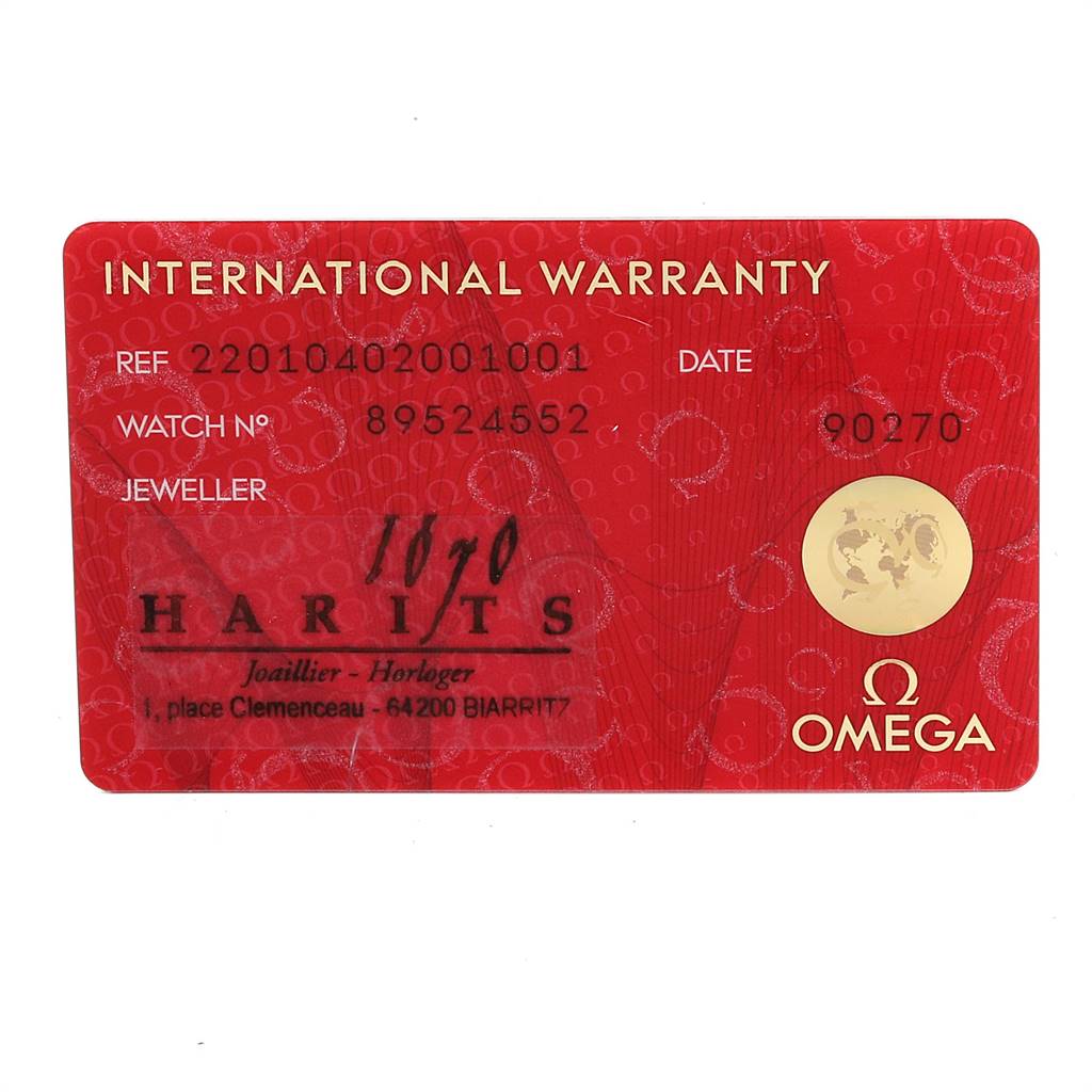 The image shows the International Warranty card for the Omega Aqua Terra 220.10.40.20.01.001 Men's Stainless Steel Black Dial 220.10.40.20.01.001 Men's Stainless Steel Black Dial watch model.