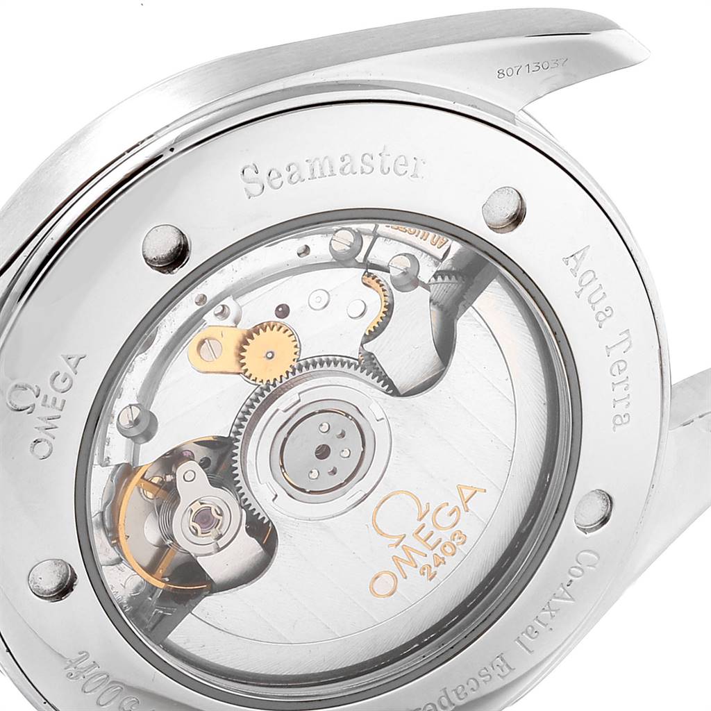 The image shows the back case of the Omega Aqua Terra 2503.52.00 Men
s Stainless Steel Black Dial 2503.52.00 Men
s Stainless Steel Black Dial watch, revealing its inner mechanical movements.