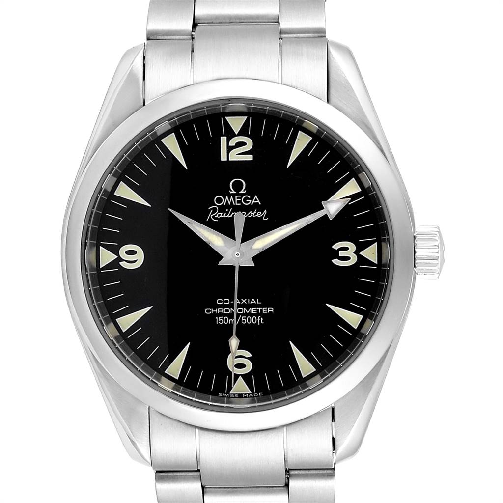 The image shows a front view of an Omega Aqua Terra 2503.52.00 Men
s Stainless Steel Black Dial 2503.52.00 Men
s Stainless Steel Black Dial Railmaster watch, highlighting the dial and part of the metal bracelet.