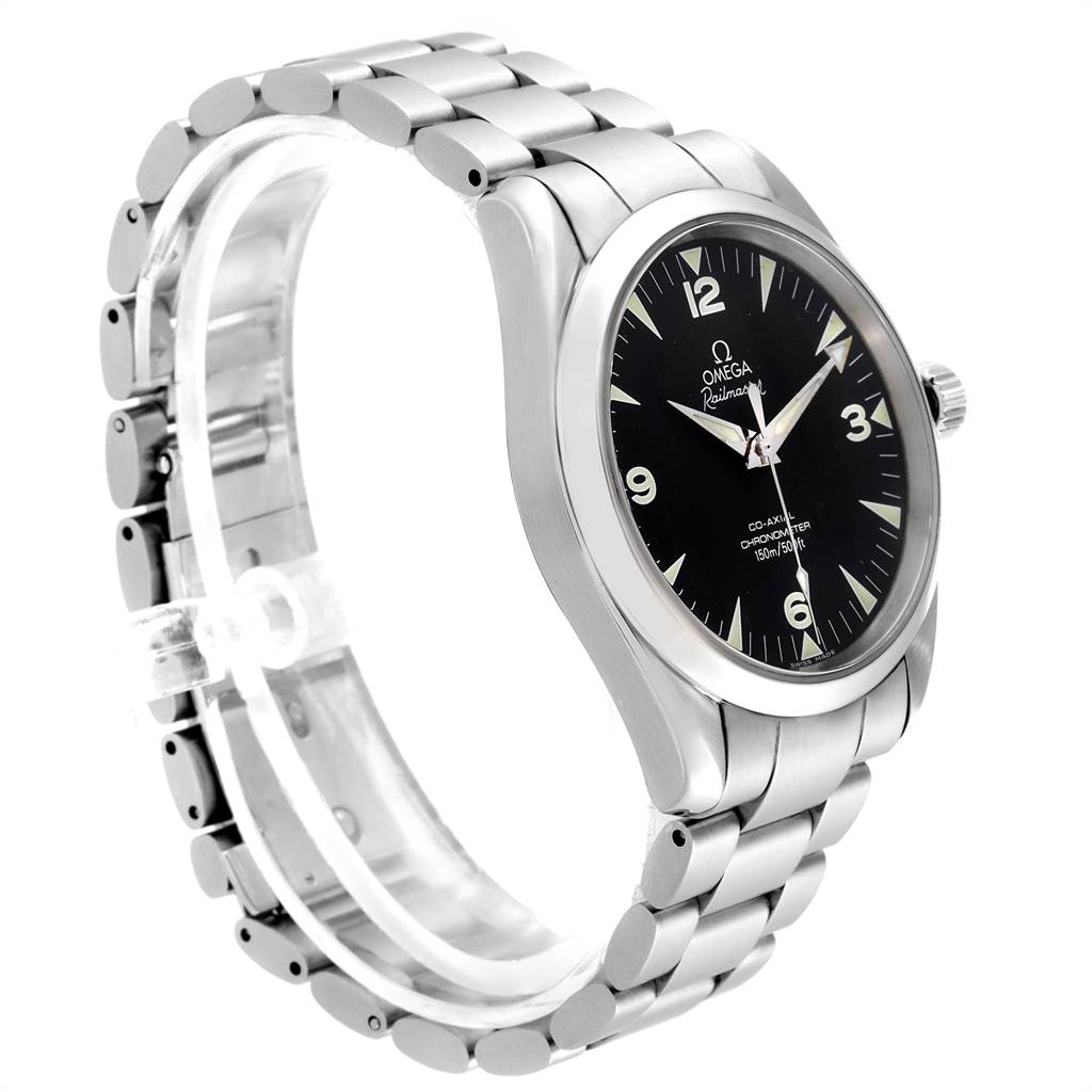 The image shows the Omega Aqua Terra 2503.52.00 Men
s Stainless Steel Black Dial 2503.52.00 Men
s Stainless Steel Black Dial model watch from a slight side angle, highlighting the dial, bezel, and bracelet.