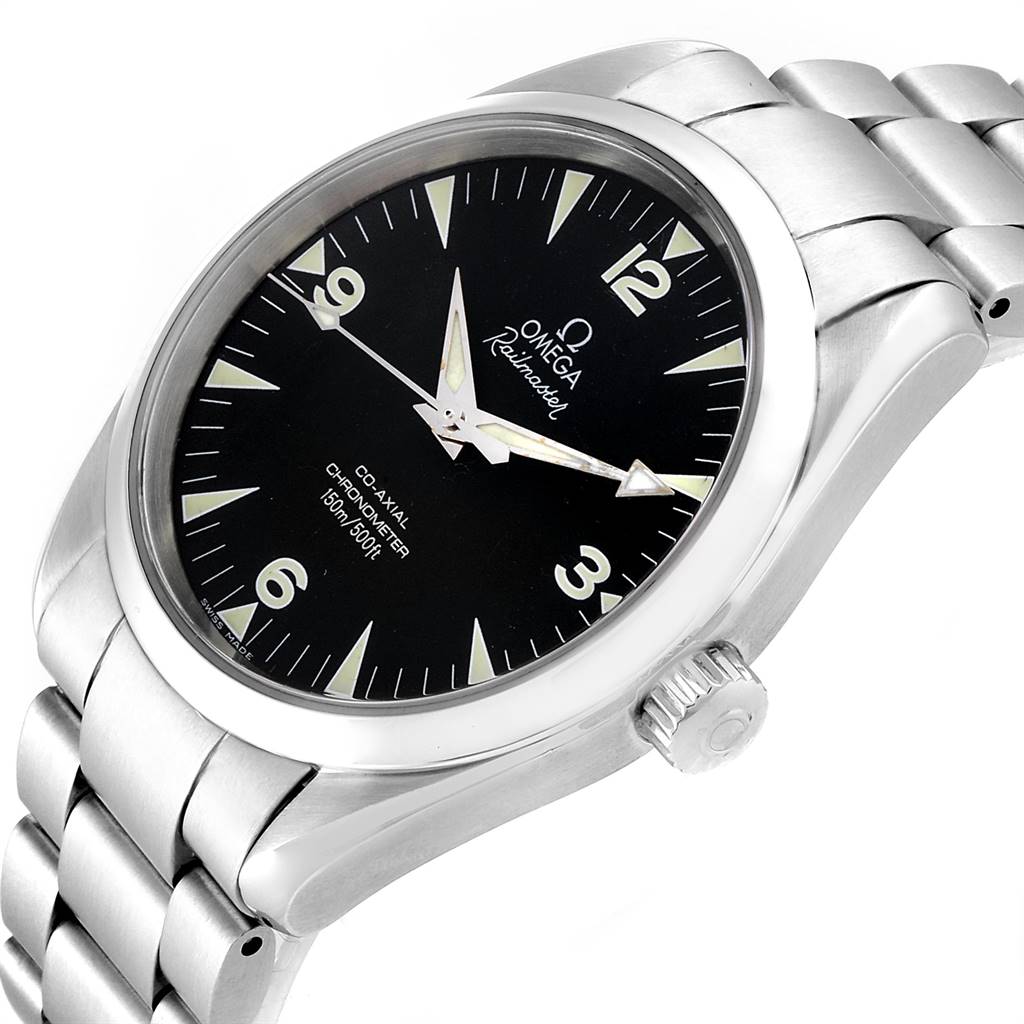 The Omega Aqua Terra 2503.52.00 Men
s Stainless Steel Black Dial 2503.52.00 Men
s Stainless Steel Black Dial watch is shown from a slight angle, highlighting the face, bezel, crown, and part of the bracelet.