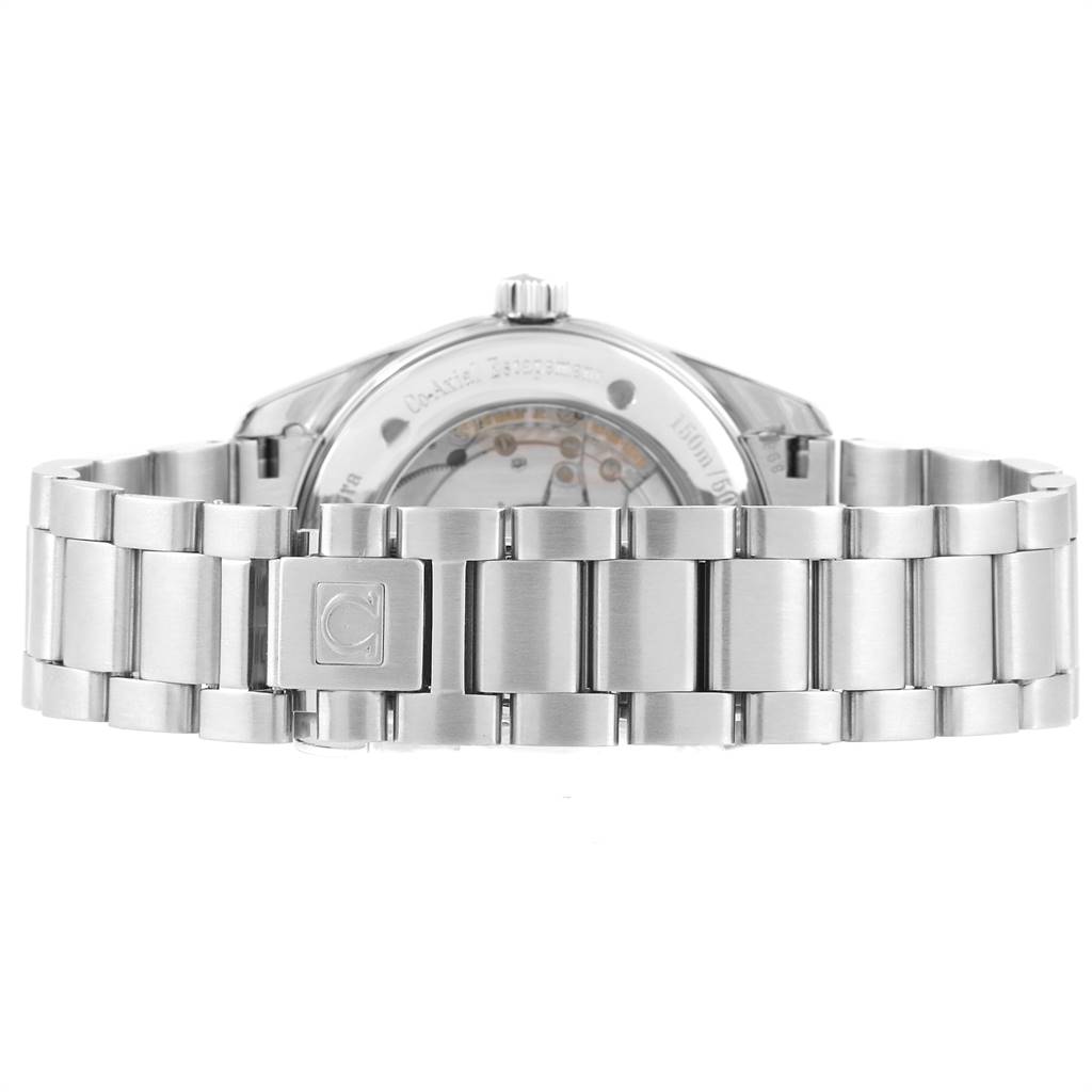 The image shows the back and bracelet of the Omega Aqua Terra 2503.52.00 Men
s Stainless Steel Black Dial 2503.52.00 Men
s Stainless Steel Black Dial watch, highlighting its clasp and case back.