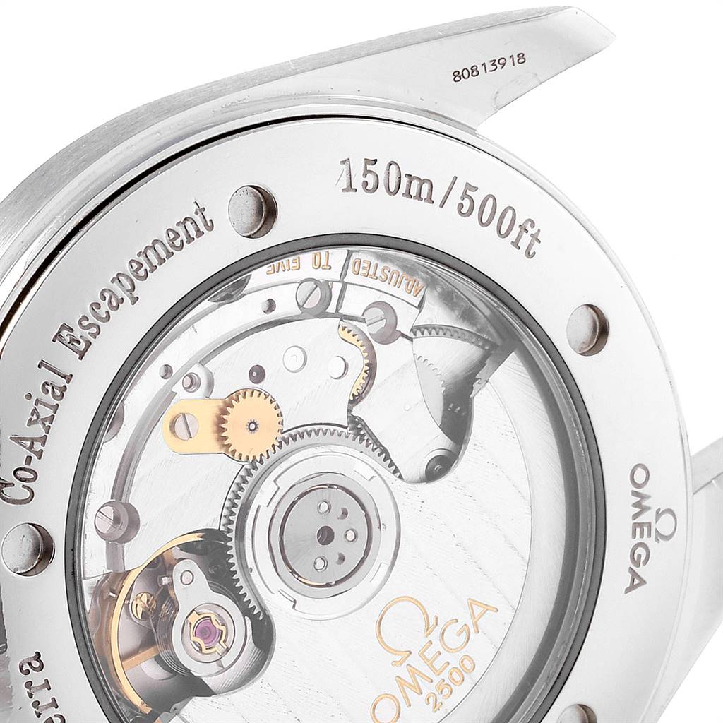 This image shows a close-up view of the back side of an Omega Aqua Terra 2503.50.00 Men
s Stainless Steel Black Dial 2503.50.00 Men
s Stainless Steel Black Dial watch, revealing its transparent case back and internal mechanism.