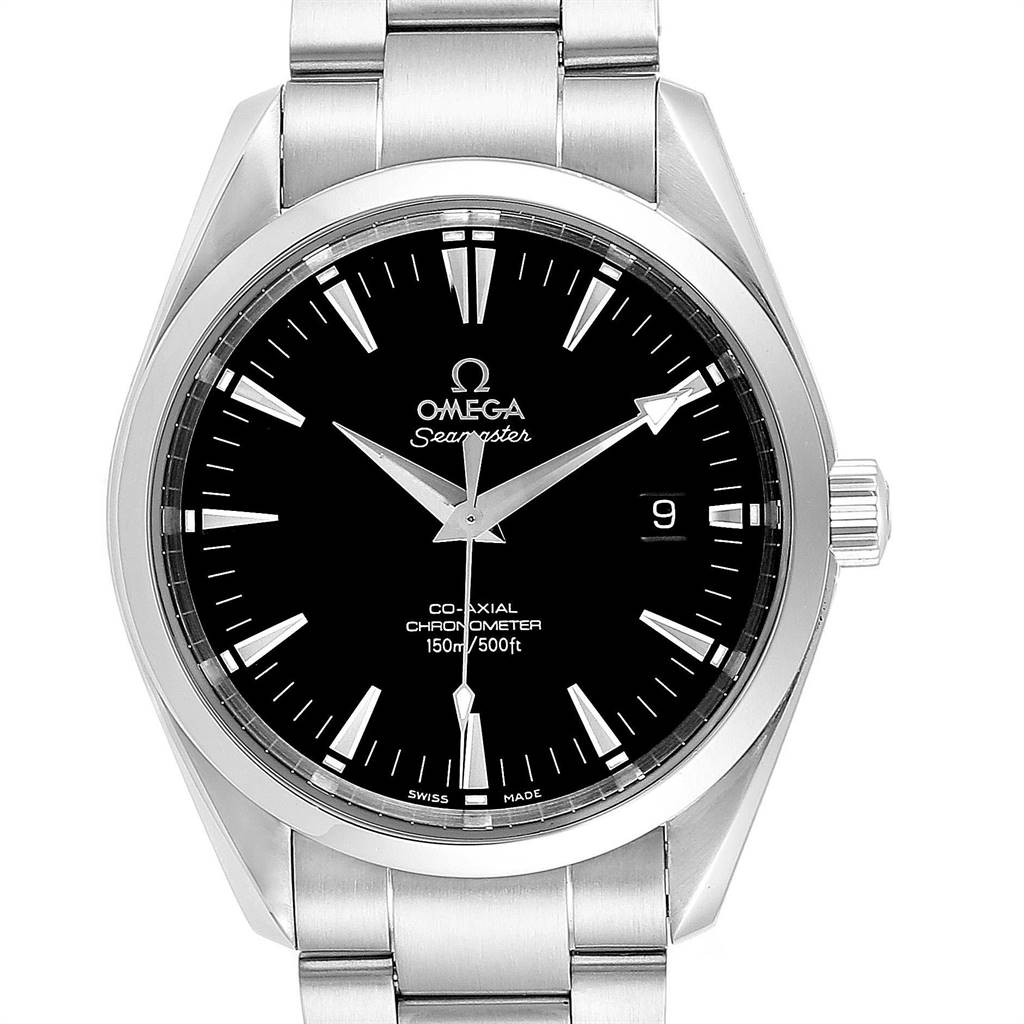 The image shows a front view of the Aqua Terra model by Omega, featuring the watch face, bezel, lugs, crown, and part of the bracelet.