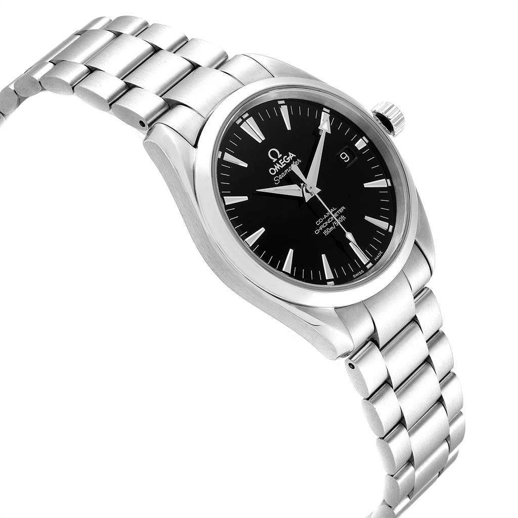 The image shows a side view of the Omega Aqua Terra 2503.50.00 Men
s Stainless Steel Black Dial 2503.50.00 Men
s Stainless Steel Black Dial watch, highlighting its bracelet, bezel, and black dial with date.