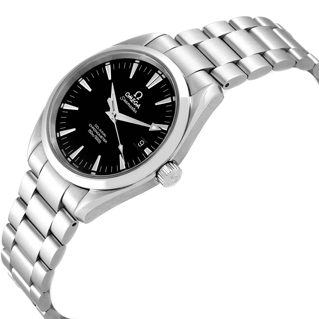 This Omega Aqua Terra 2503.50.00 Men
s Stainless Steel Black Dial 2503.50.00 Men
s Stainless Steel Black Dial watch is shown at an angle displaying the face, bezel, crown, and stainless steel bracelet.