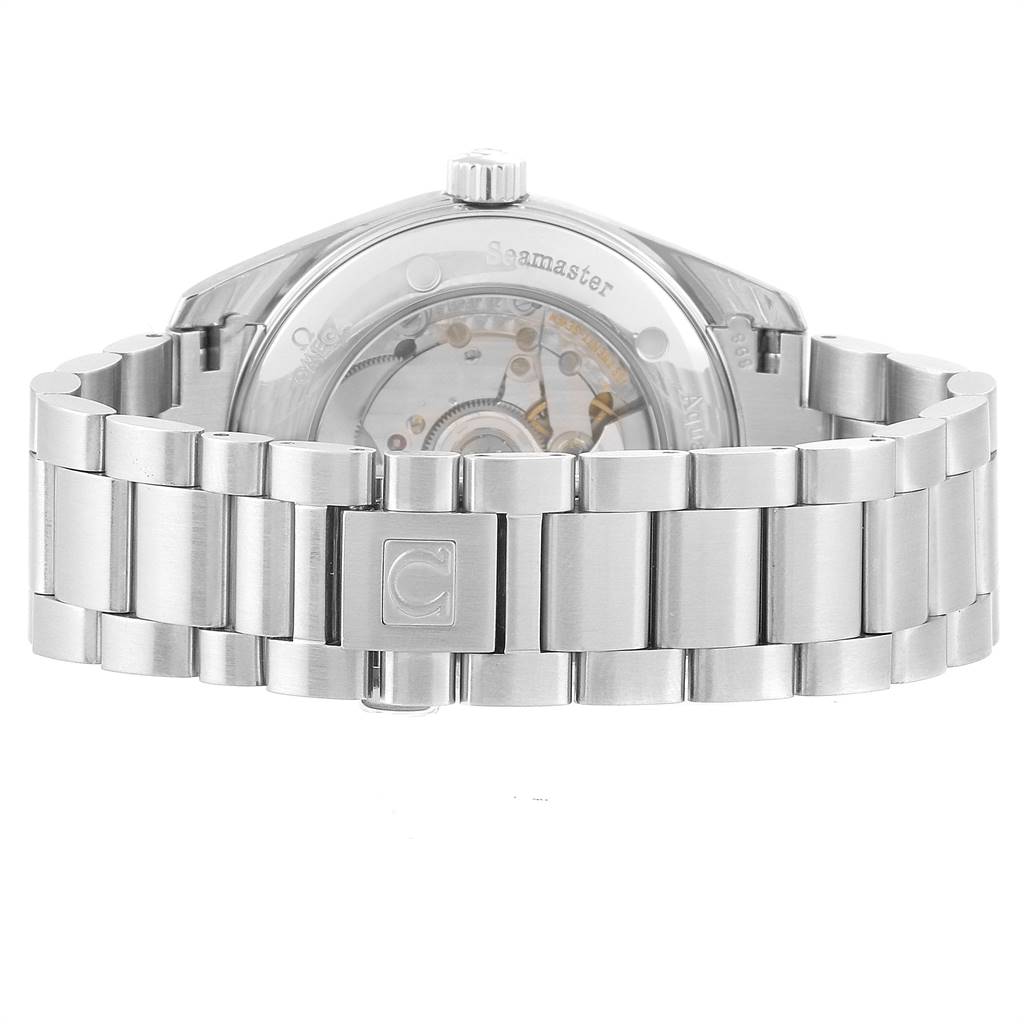 The image shows the back view of the Omega Aqua Terra 2503.50.00 Men
s Stainless Steel Black Dial 2503.50.00 Men
s Stainless Steel Black Dial watch, highlighting the metal bracelet and see-through case back with visible movement.