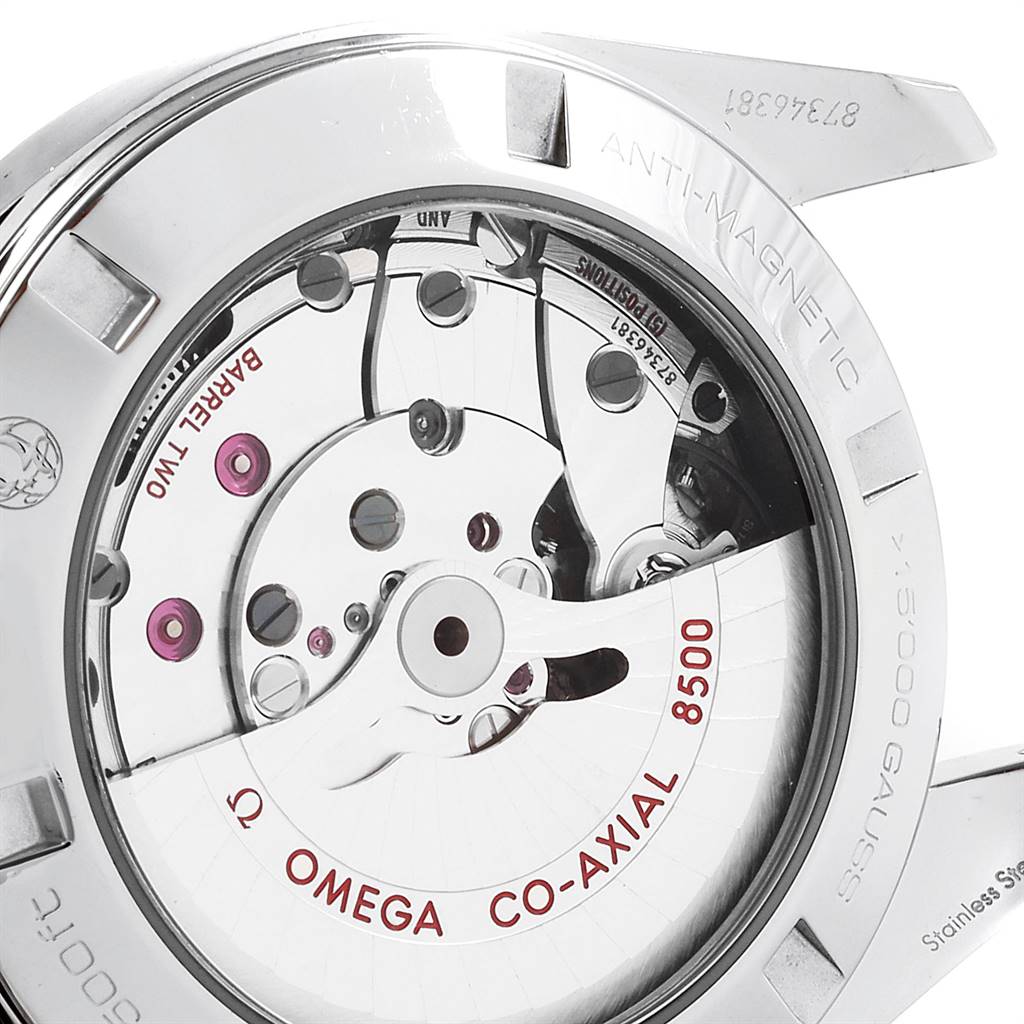 This image shows the inner mechanism of an Omega Aqua Terra 231.10.42.21.03.003 Men
s Stainless Steel Blue Dial 231.10.42.21.03.003 Men
s Stainless Steel Blue Dial watch, focusing on the co-axial escapement and anti-magnetic features.