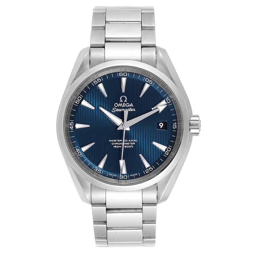 The image shows a frontal view of the Omega Aqua Terra 231.10.42.21.03.003 Men
s Stainless Steel Blue Dial 231.10.42.21.03.003 Men
s Stainless Steel Blue Dial watch, highlighting its blue dial, stainless steel bracelet, and case.